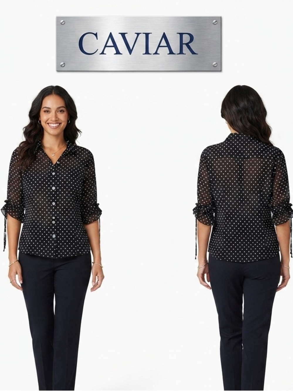 Caviar Semi Black Sheer White Polka Dot 1/2 Ruffled Tie Sleeves Fitted Blouse M